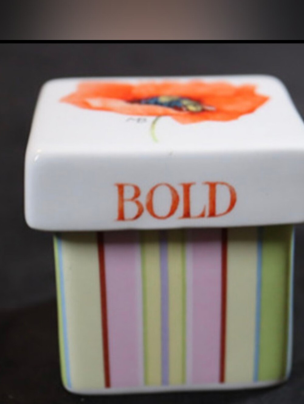 Vintage Marjolein Bastin Ceramic Bloom & Bold Trinket Box w/Poppy, Bee & Stripes